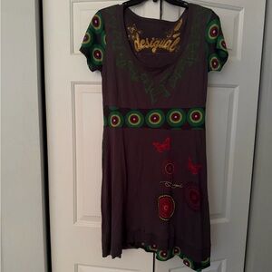 Desigual Brown Graphic Short Sleeve Dress with Green & Purple Accents m/l